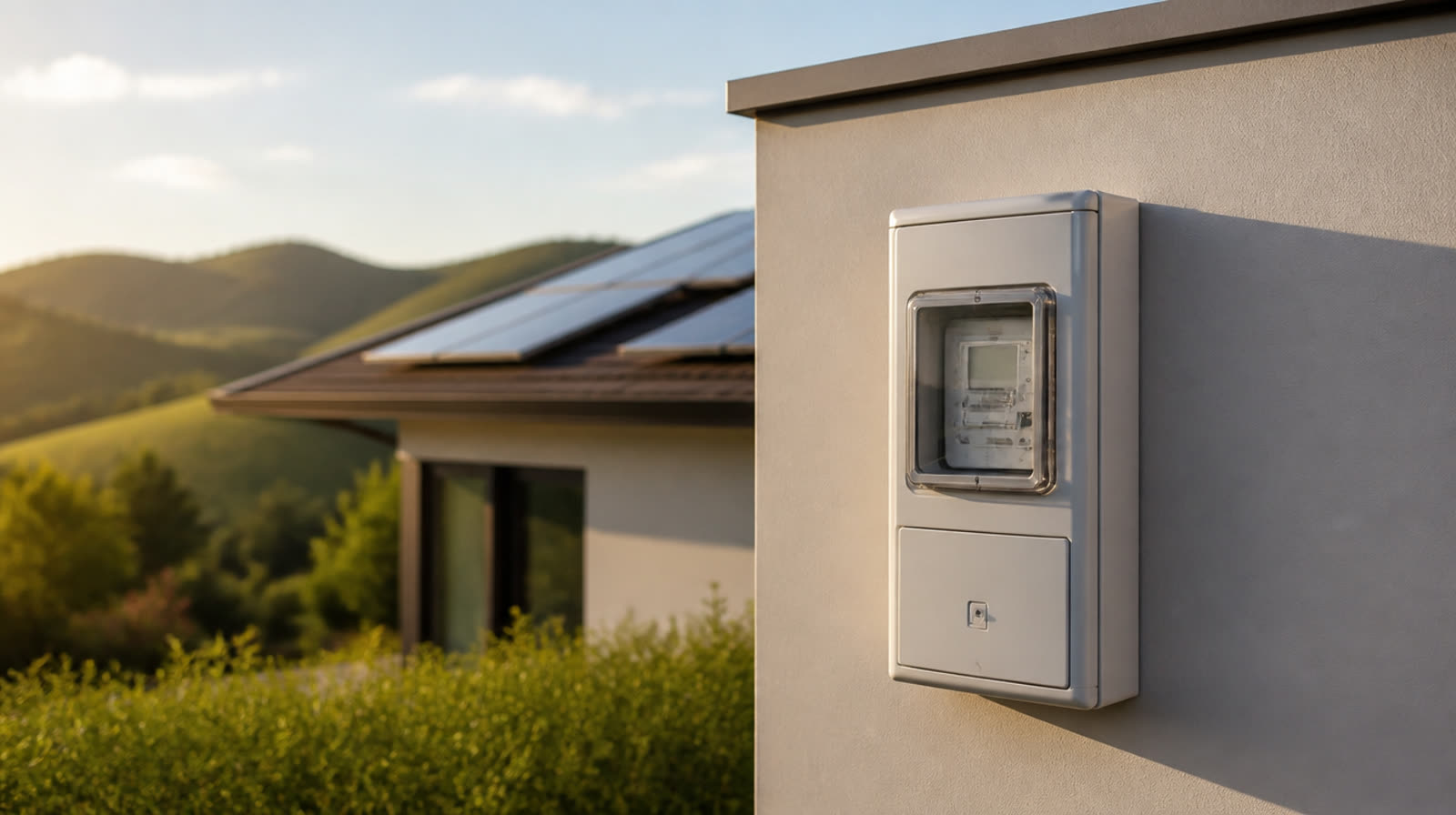 Medidor de energia bidirecional na parede de uma casa moderna com placas solares no telhado