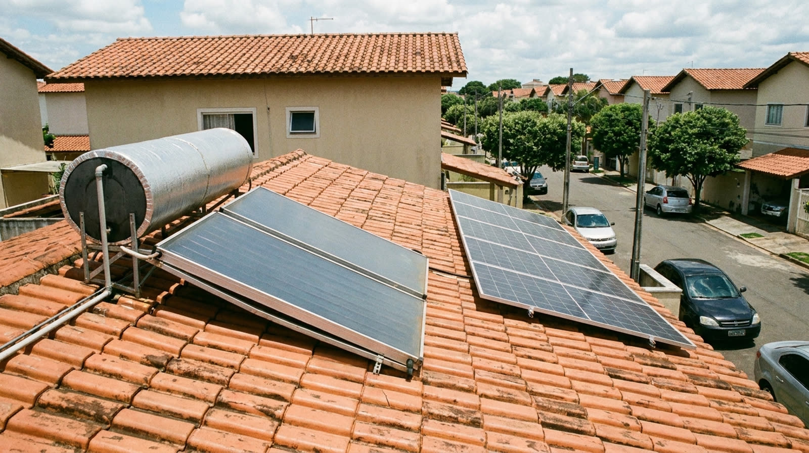 Telhado de casa de rua com aquecedor solar de água ao lado de placas fotovoltaicas