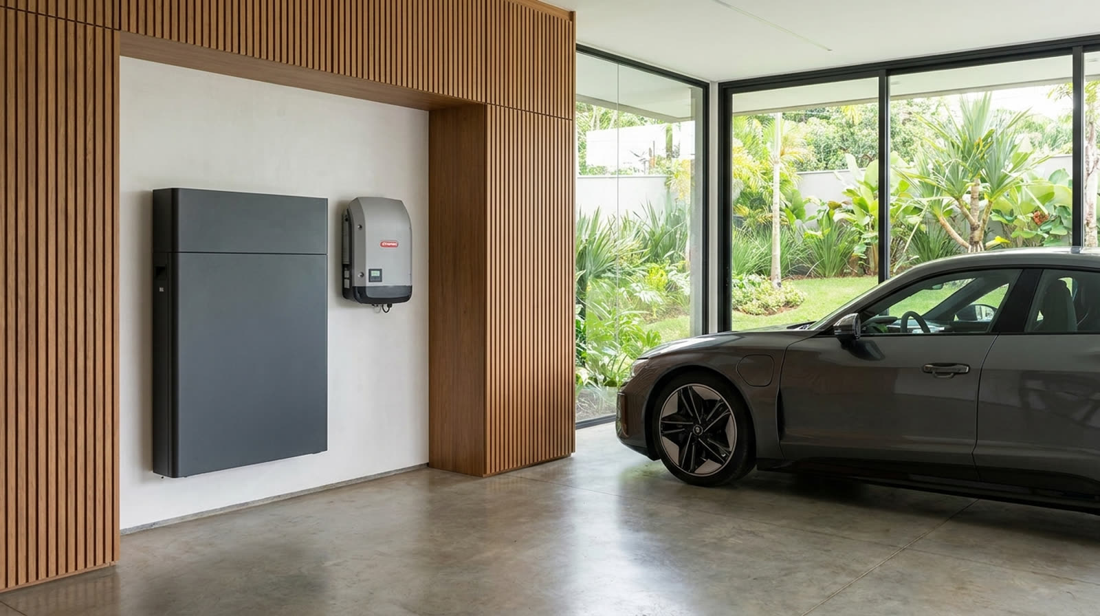 Bateria residencial e inversor instalados na garagem de casa moderna