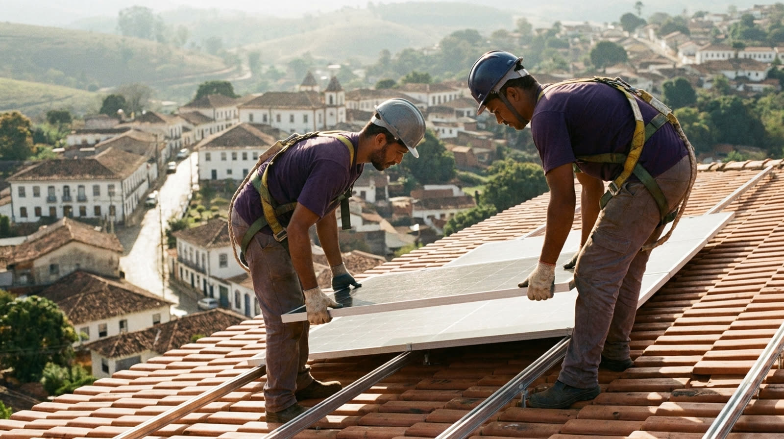 Instaladores com cinto de segurança fixando placa solar em telhado de cerâmica