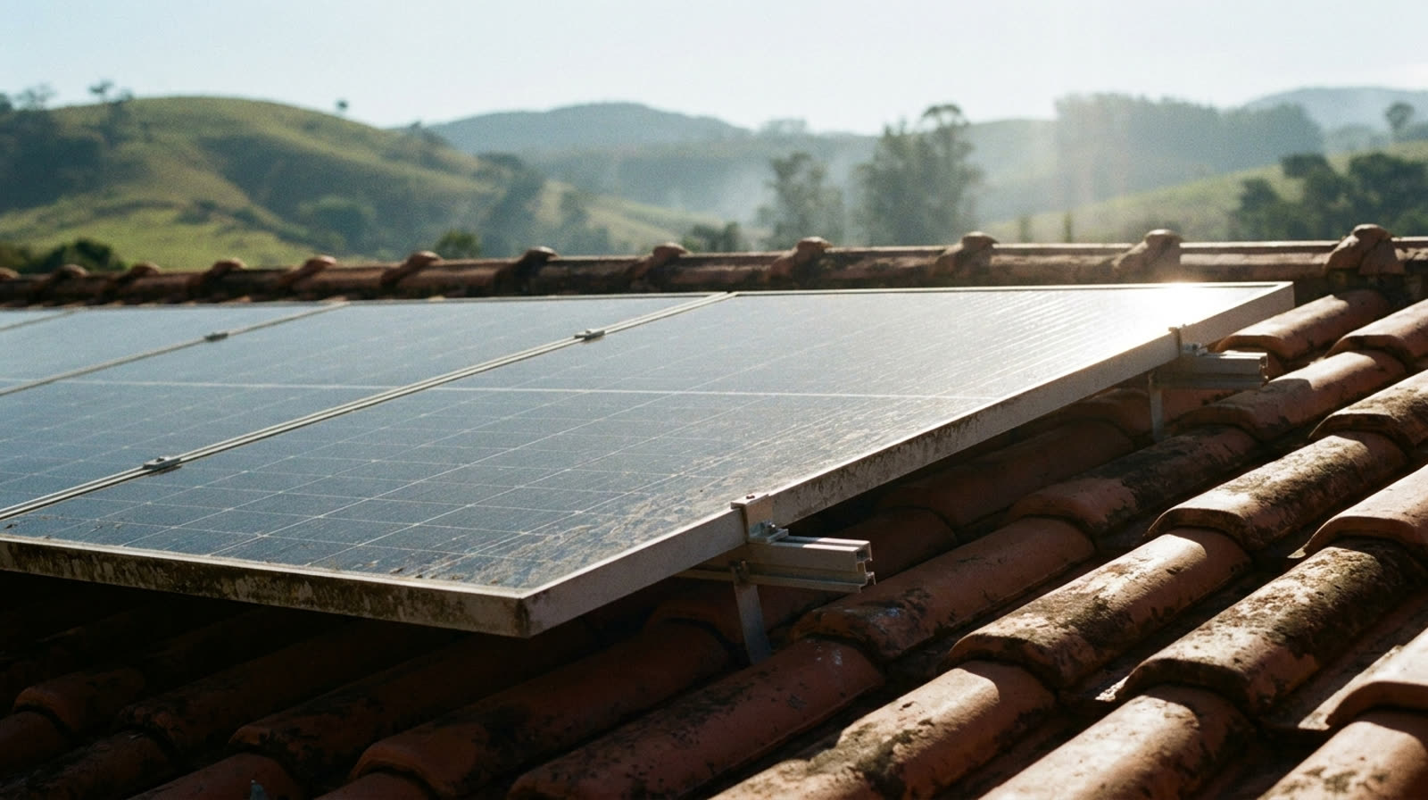 Placas solares instaladas em telhado de cerâmica de uma casa no interior de Minas Gerais