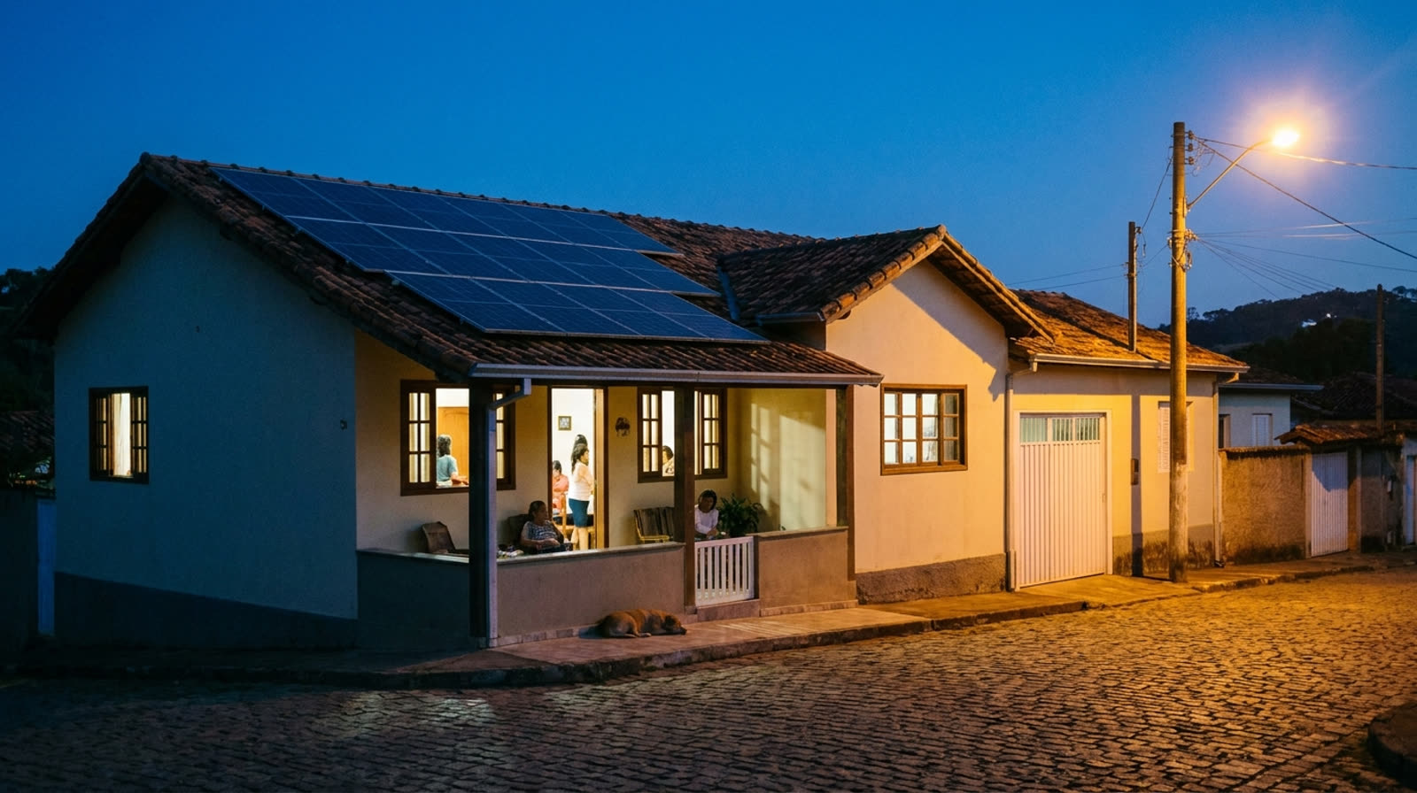 Casa com luzes acesas ao anoitecer e placas solares visíveis no telhado