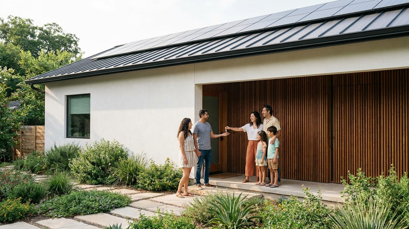 Família entregando as chaves de casa moderna com placas solares a outro casal