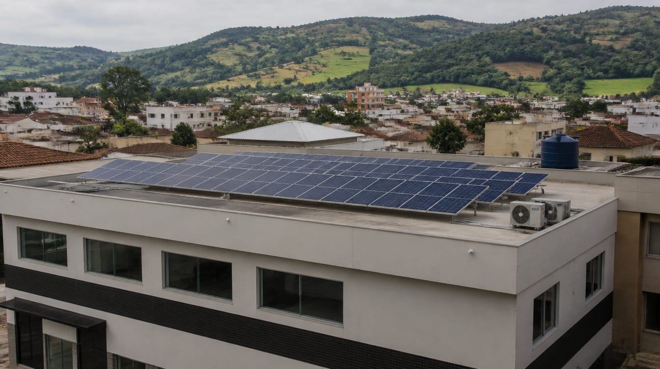 Ilustração: prédio comercial de laje plana com estrutura inclinada de painéis solares