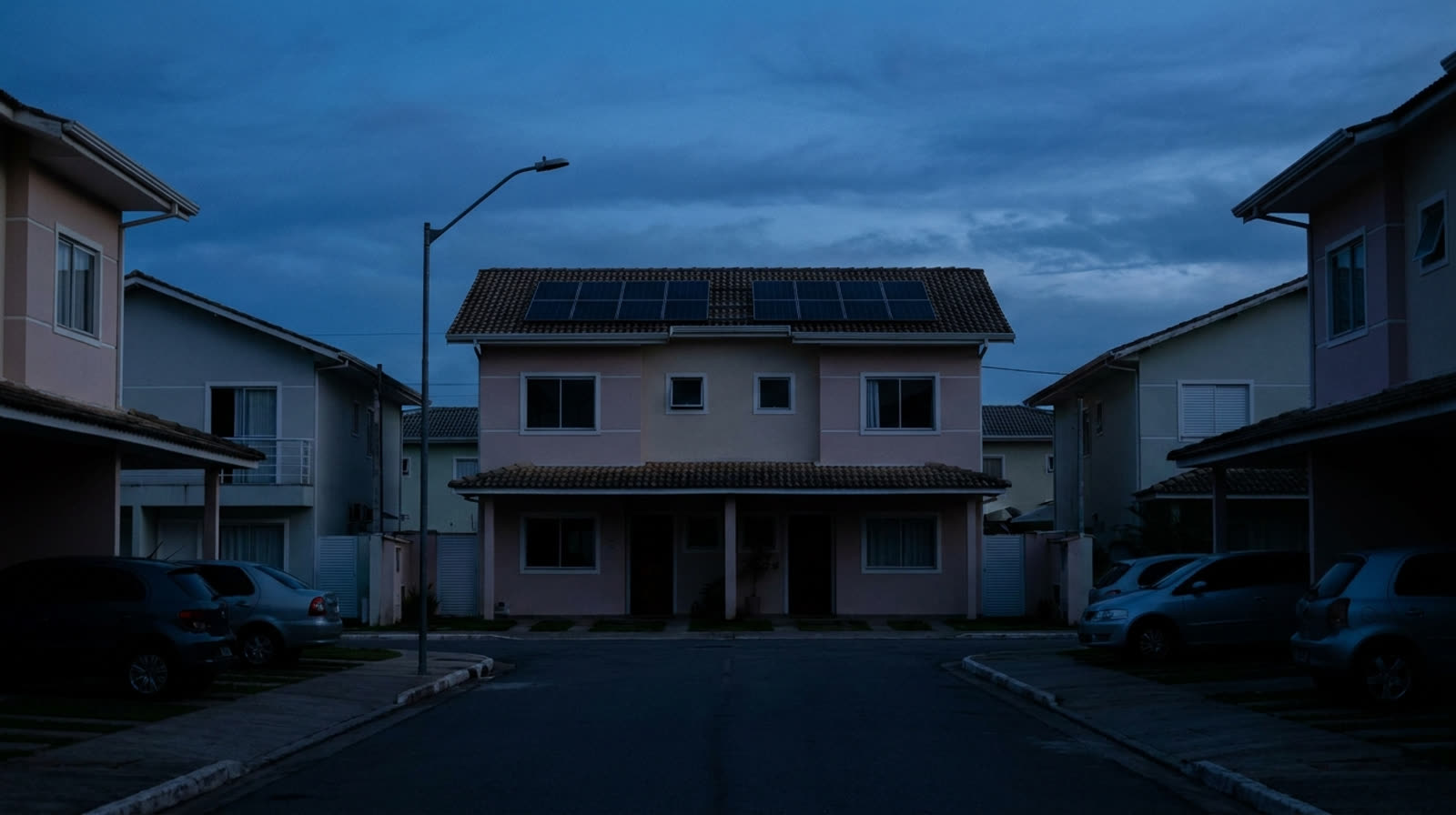 Rua de casas de classe média ao anoitecer, todas às escuras durante uma queda de energia