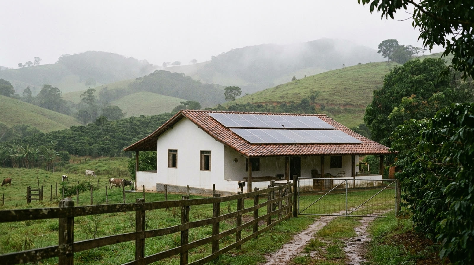 Chácara nas serras do Sul de Minas com placas solares molhadas em manhã de garoa e neblina