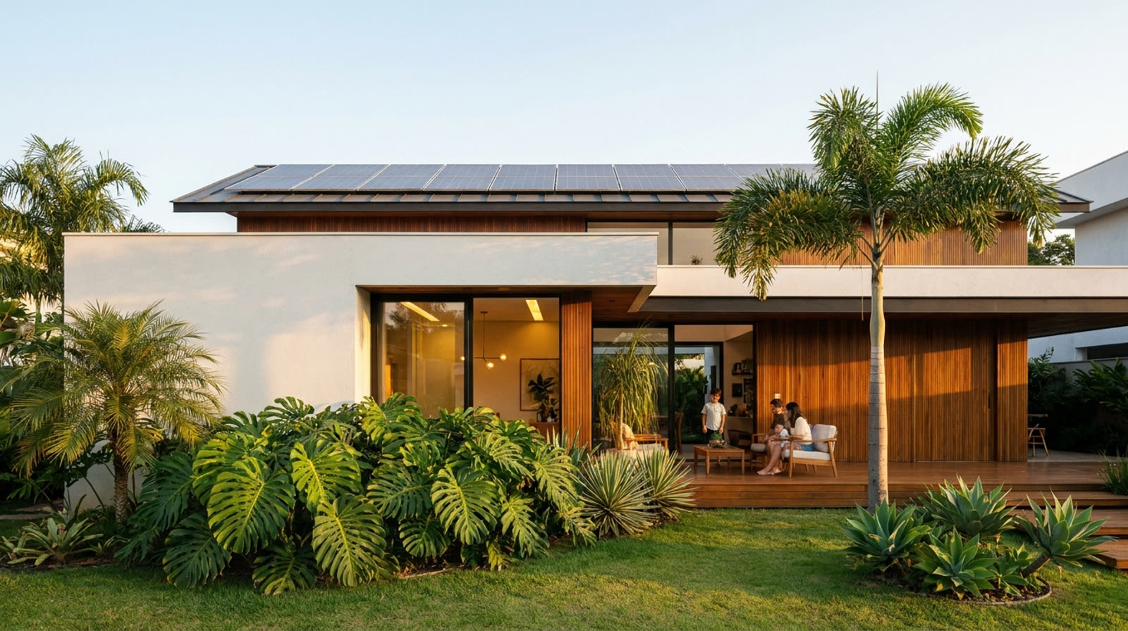 Casa moderna com placas solares no telhado ao entardecer, luzes acesas