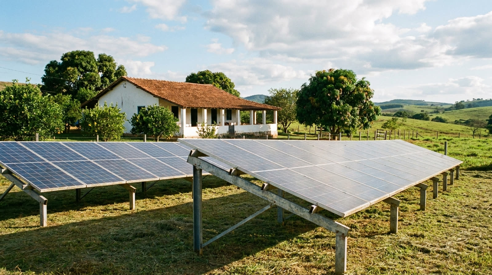 Placas solares instaladas no solo em gramado de chácara bem cuidada com casa ao fundo