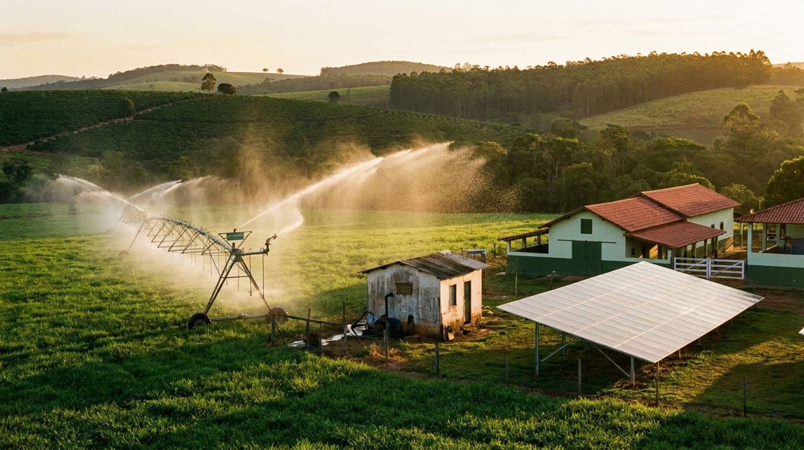 Pivô de irrigação em fazenda de Minas com sistema de placas solares ao lado da casa de bombas