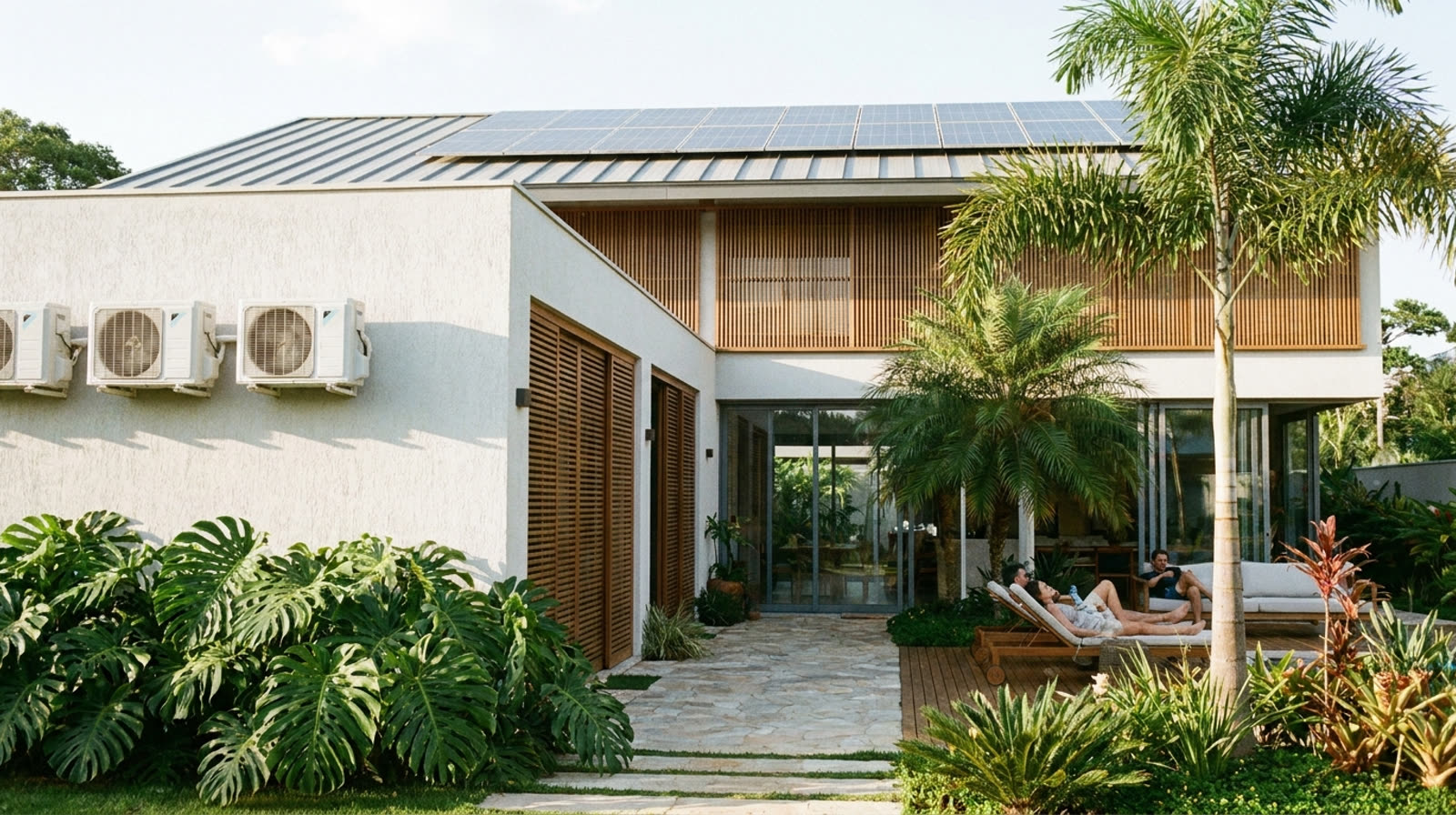 Casa moderna com condensadoras de ar-condicionado na lateral e placas solares no telhado