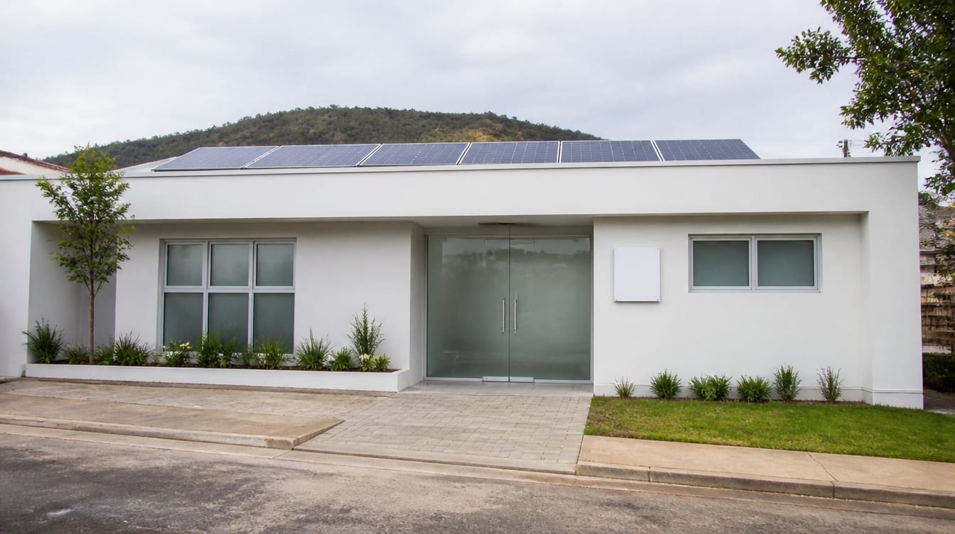 Ilustração: clínica de um pavimento com entrada de vidro e painéis solares no telhado