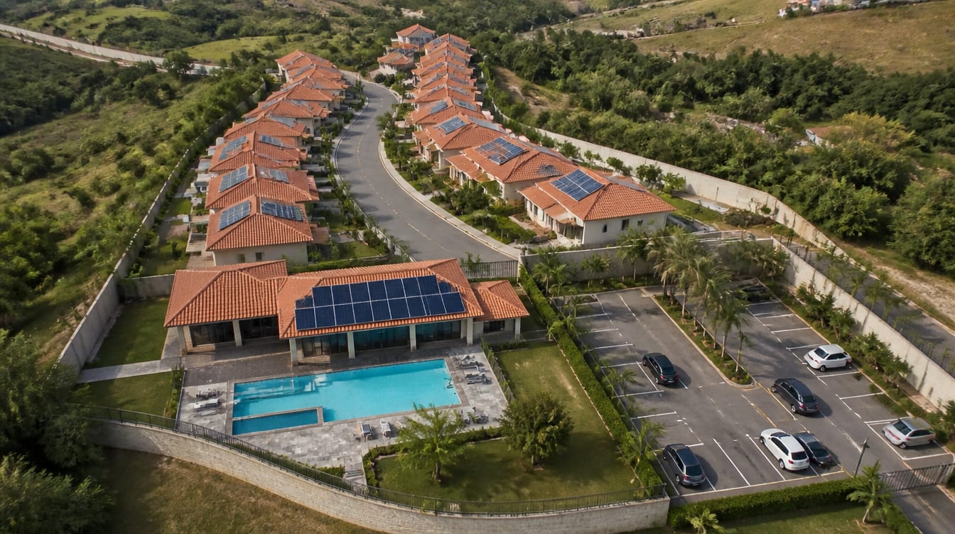 Ilustração: vista aérea de condomínio residencial com clube, piscina e painéis solares nos telhados