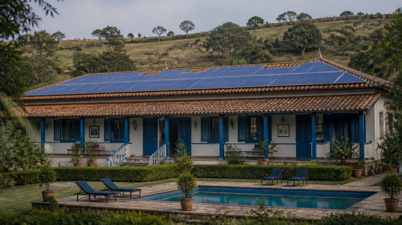 Ilustração: pousada com varanda e piscina, com painéis solares no telhado de telha cerâmica