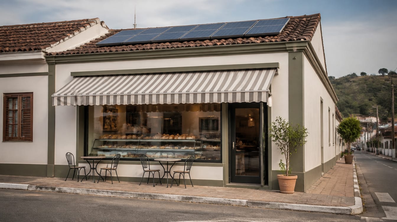 Ilustração: padaria de esquina com vitrine e toldo, com painéis solares no telhado