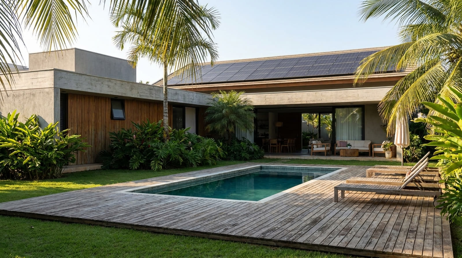 Quintal de casa moderna com piscina e placas solares no telhado ao fundo