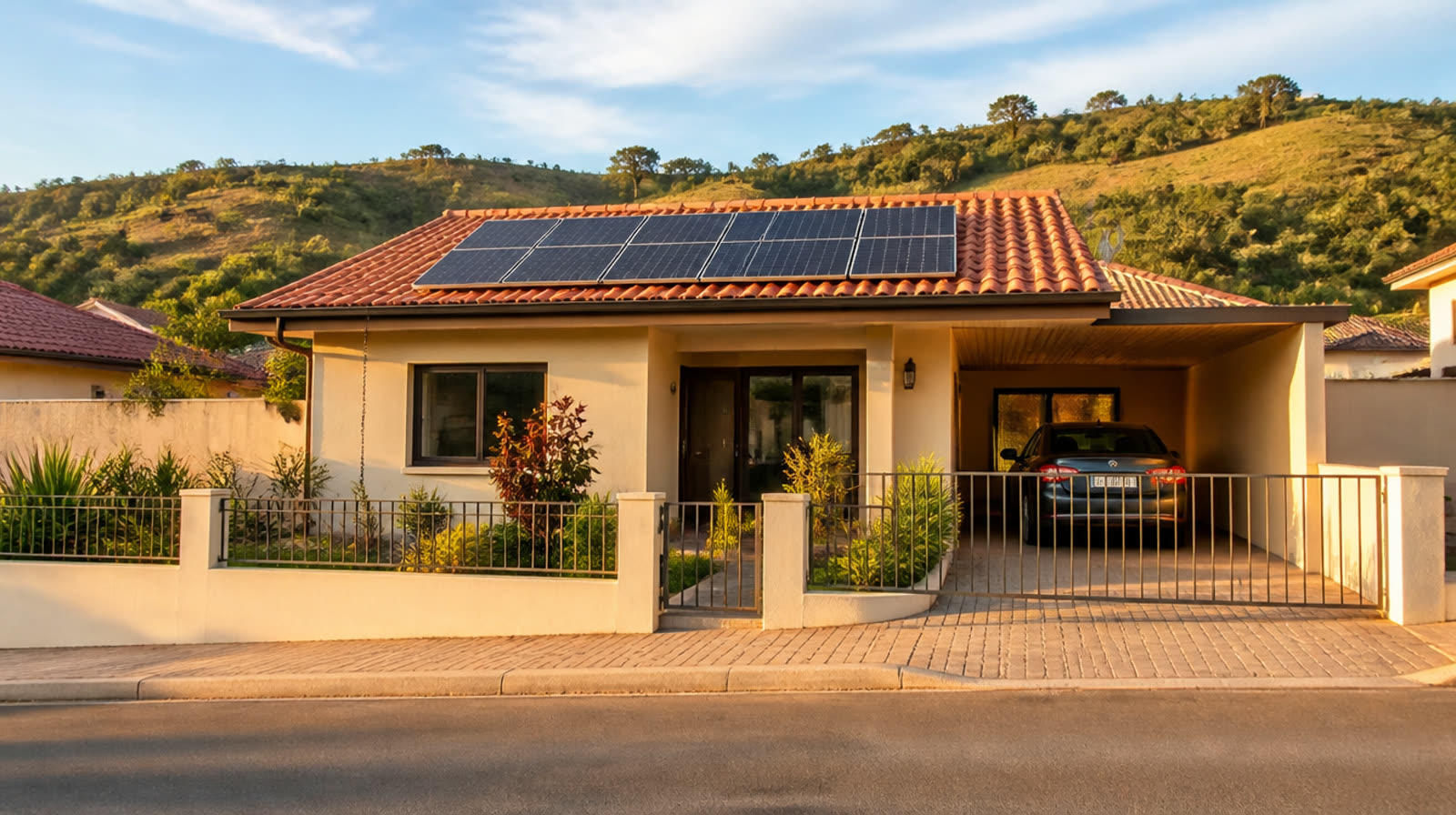 Casa de rua bem cuidada, com placas solares no telhado de telha e carro na garagem
