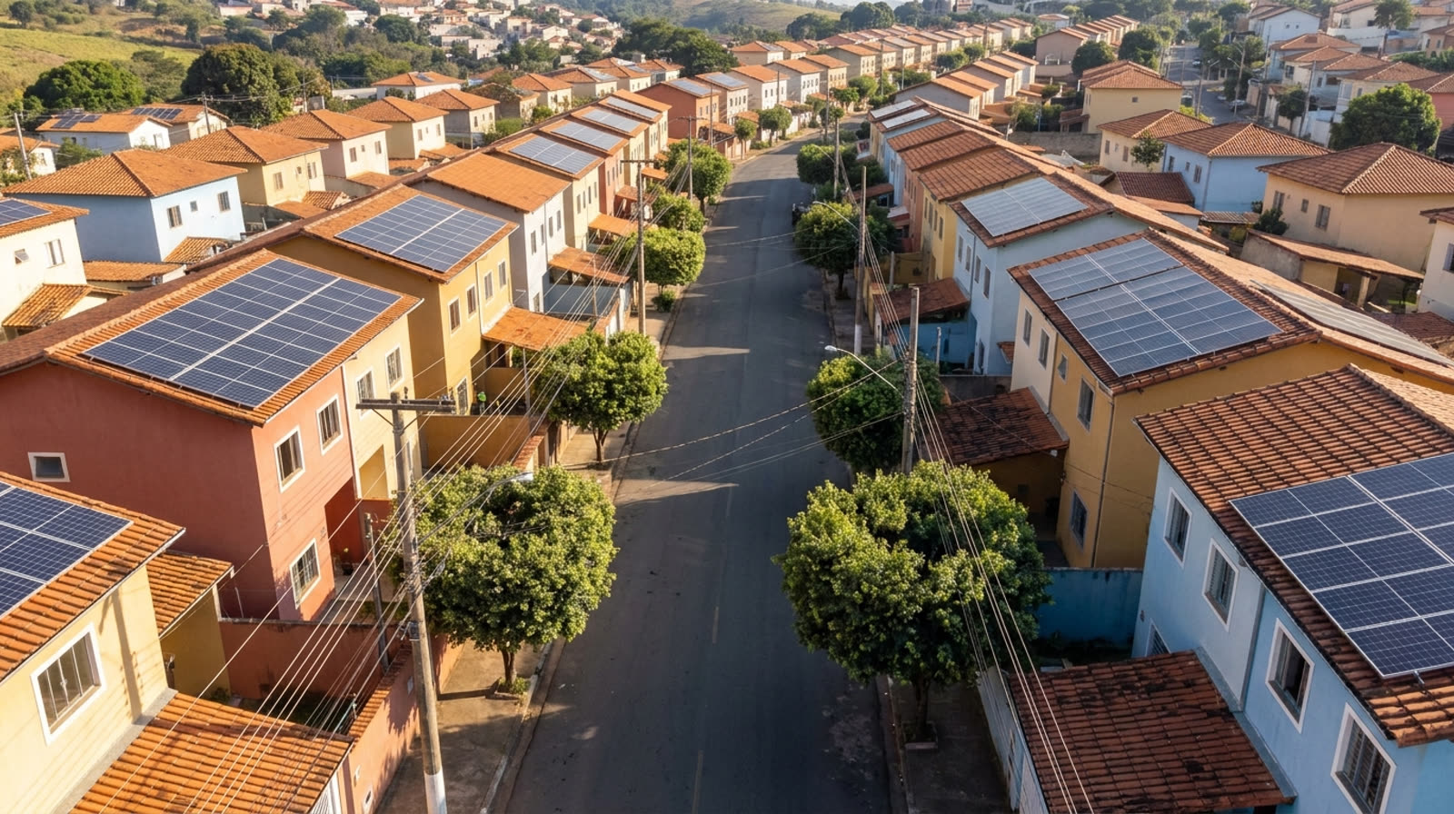 Vista aérea de rua com casas bem cuidadas, várias com placas solares, ligadas pela rede elétrica