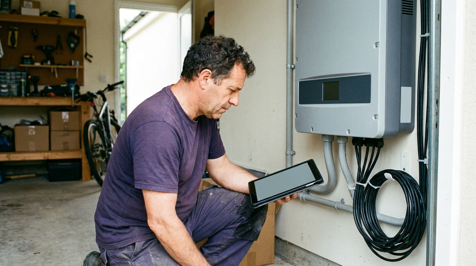 Técnico verificando inversor solar instalado na parede de uma garagem