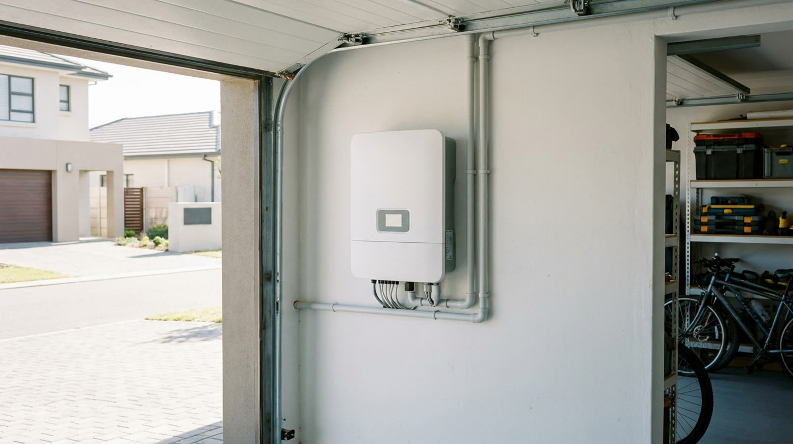 Inversor solar instalado na parede de garagem organizada de casa de classe média