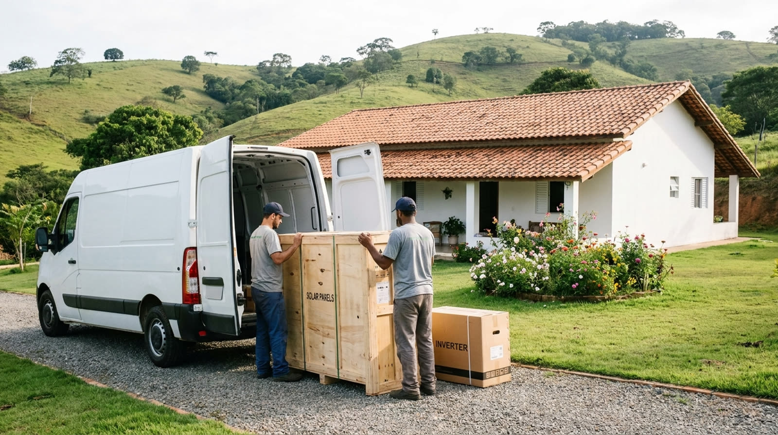 Caixas de placas solares e inversor sendo descarregadas em frente a uma chácara bem cuidada