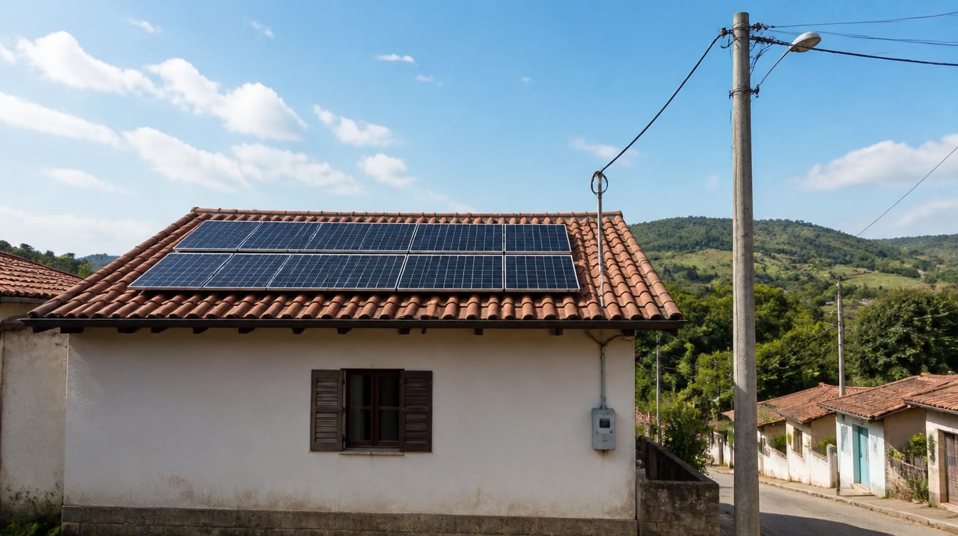 Ilustração: casa com painéis solares no telhado e o cabo da rede elétrica chegando ao medidor na parede