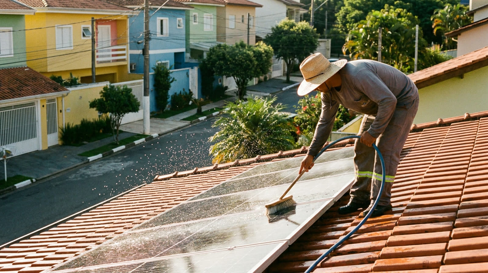 Pessoa lavando placas solares com escova macia e mangueira no telhado de casa de rua