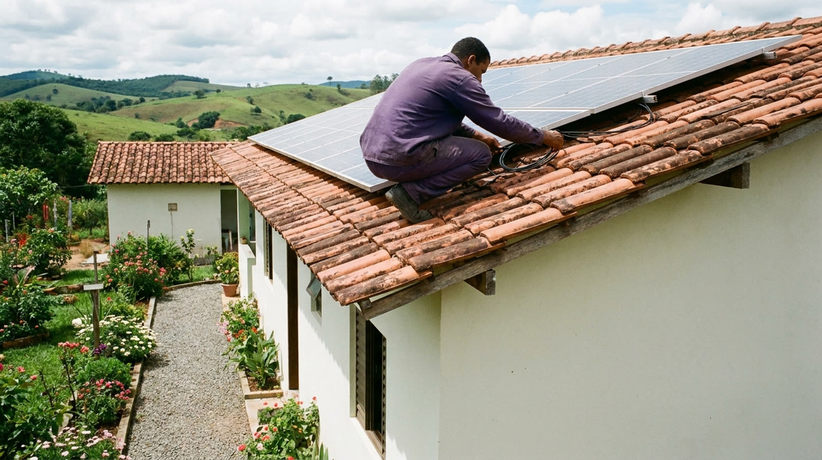 Técnico verificando conexões sob as placas solares no telhado de uma chácara bem cuidada