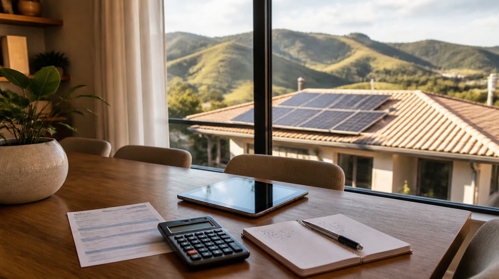 Conta de luz, calculadora e tablet sobre a mesa, com o telhado de placas solares pela janela