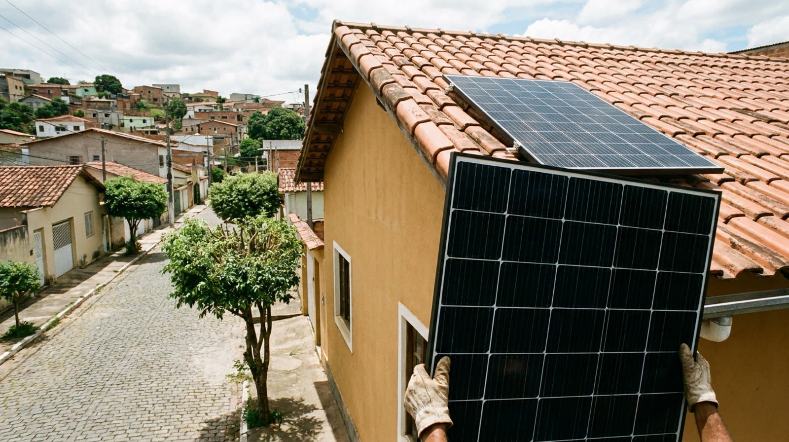 Placa solar sendo posicionada no telhado de uma casa em rua residencial de cidade mineira