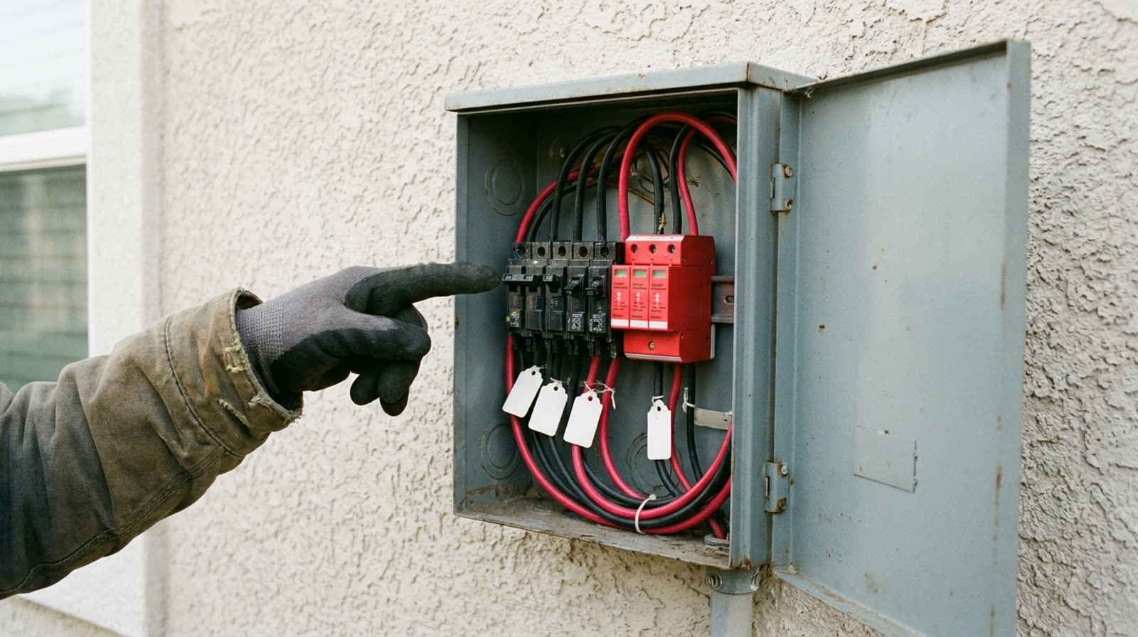 String box com disjuntores e protetores de surto instalada em parede limpa de casa de rua