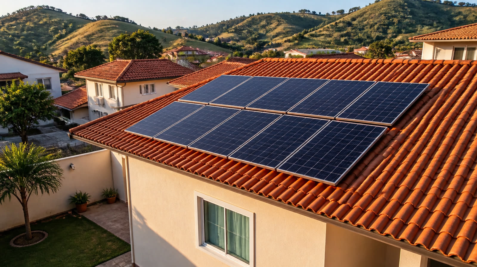 Vista de cima do telhado de uma casa comum com dez placas solares alinhadas
