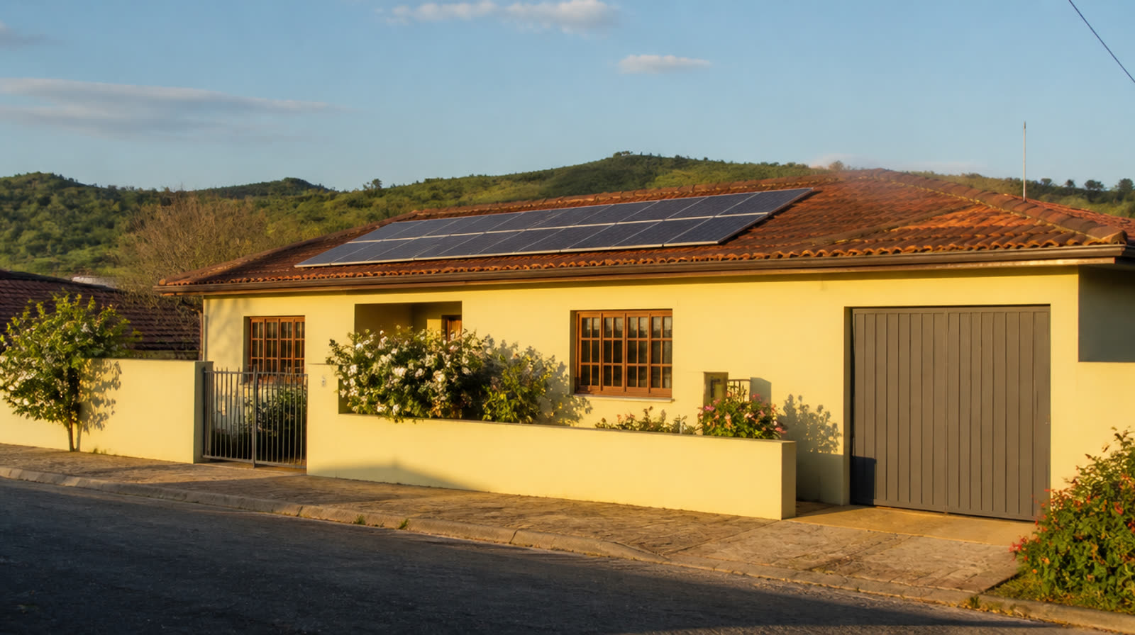 Casa de família em rua de cidade do interior de Minas, com placas solares no telhado ao fim da tarde