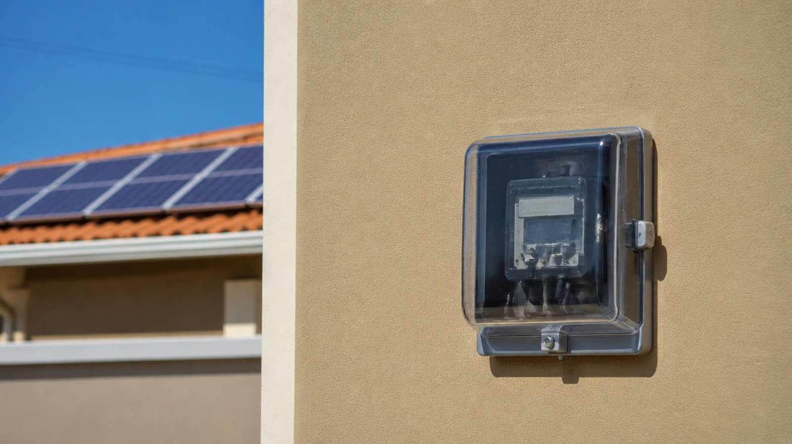 Caixa de medidor de energia na parede pintada de uma casa com placas solares no telhado