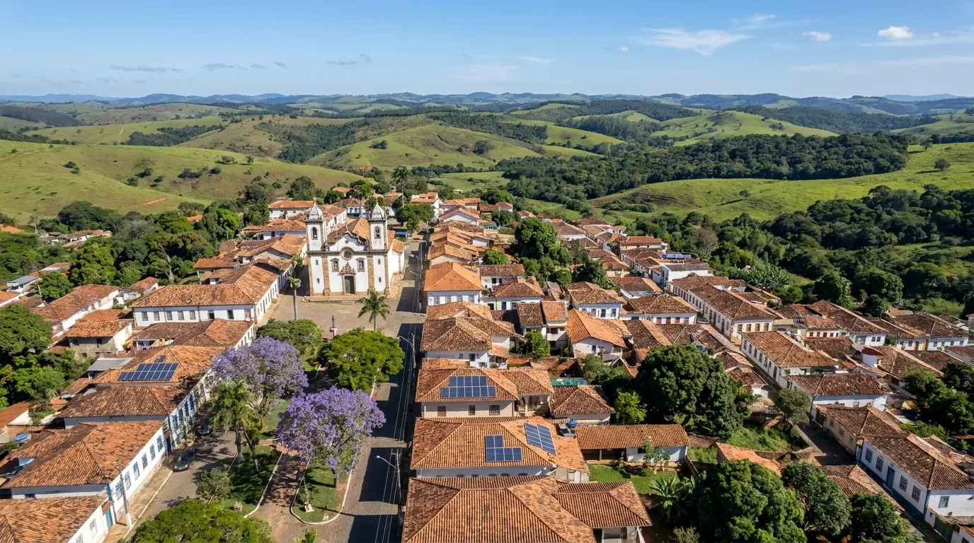 Ilustração: vista aérea de uma cidade do interior de Minas com painéis solares em vários telhados