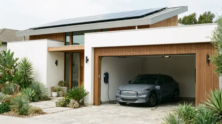 Ilustração: garagem de casa com carro elétrico e painéis solares no telhado