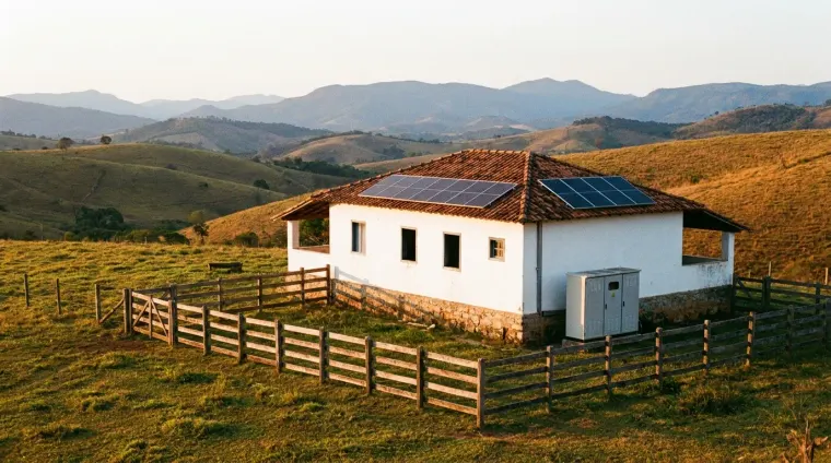 Ilustração: casa de sede rural em morro, com painéis solares no telhado e cercado ao lado