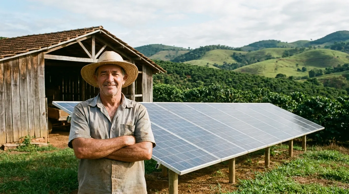 Ilustração: produtor de café diante de painéis solares instalados no solo, com as serras ao fundo